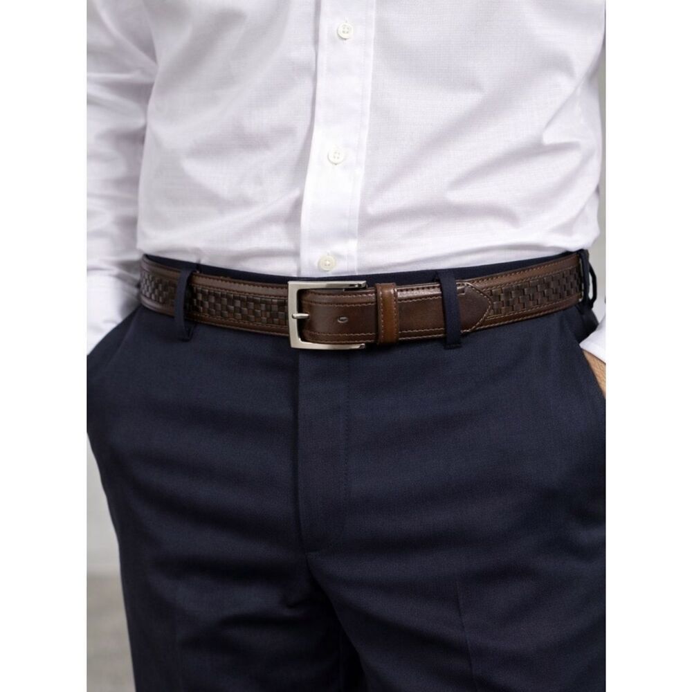 Paul Fredrick Brown Woven Leather Belt Made in Italy Silver Buckle Size 46